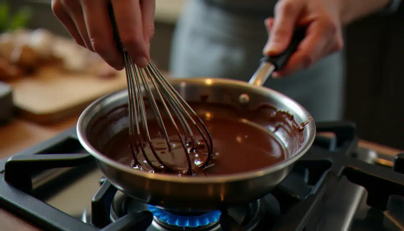 Préparation d'un appareil à flan chocolat dans une casserole sur feu doux, avec du chocolat fondu et du lait chaud mélangés au fouet