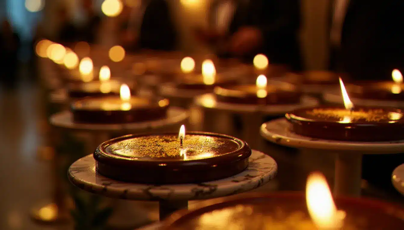 Table de buffet festif avec plusieurs flans chocolat présentés sur des présentoirs en marbre, décorés de feuilles d'or et de copeaux de chocolat, dans une ambiance de soirée élégante