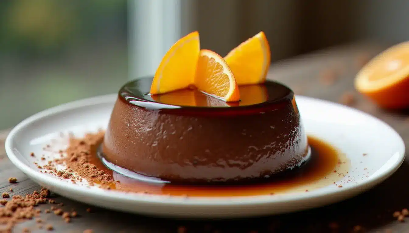 Un flan chocolat entier démoulé sur une assiette blanche avec des éclats de cacao et des zestes d'orange confite, sur une table en bois