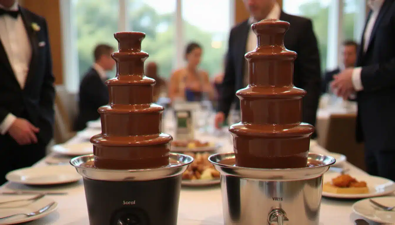Comparaison entre un modèle de fontaine chocolat domestique et un modèle professionnel grand format lors d'une réception de mariage