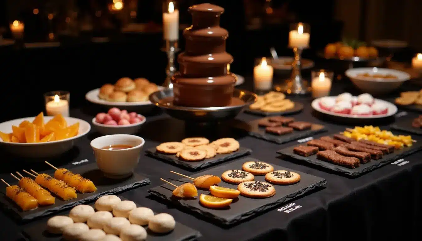 Table de buffet gastronomique avec fontaine chocolat entourée d'accompagnements artisanaux sur ardoises lors d'un gala parisien