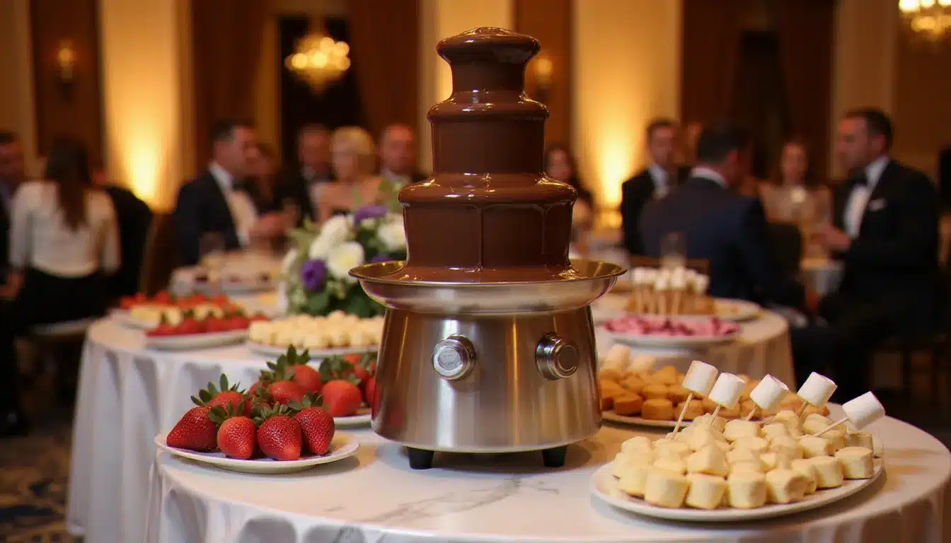 Fontaine chocolat en acier inoxydable avec cascade de chocolat noir fondu entourée de fraises, bananes et guimauves sur une table de buffet élégante