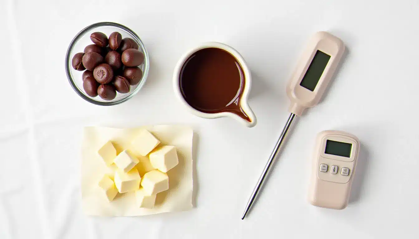 Ingrédients pour réaliser une ganache au chocolat noir disposés en flat lay — pistoles de chocolat, crème liquide et beurre sur fond de lin blanc