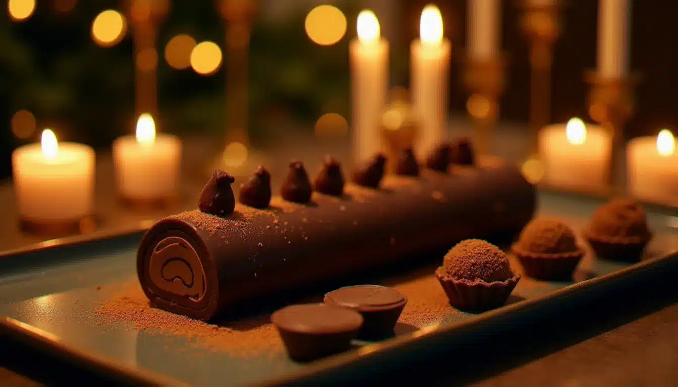 Table de fête française avec une bûche nappée de ganache au chocolat, des truffes saupoudrées de cacao et des tartelettes au chocolat à la lumière des bougies
