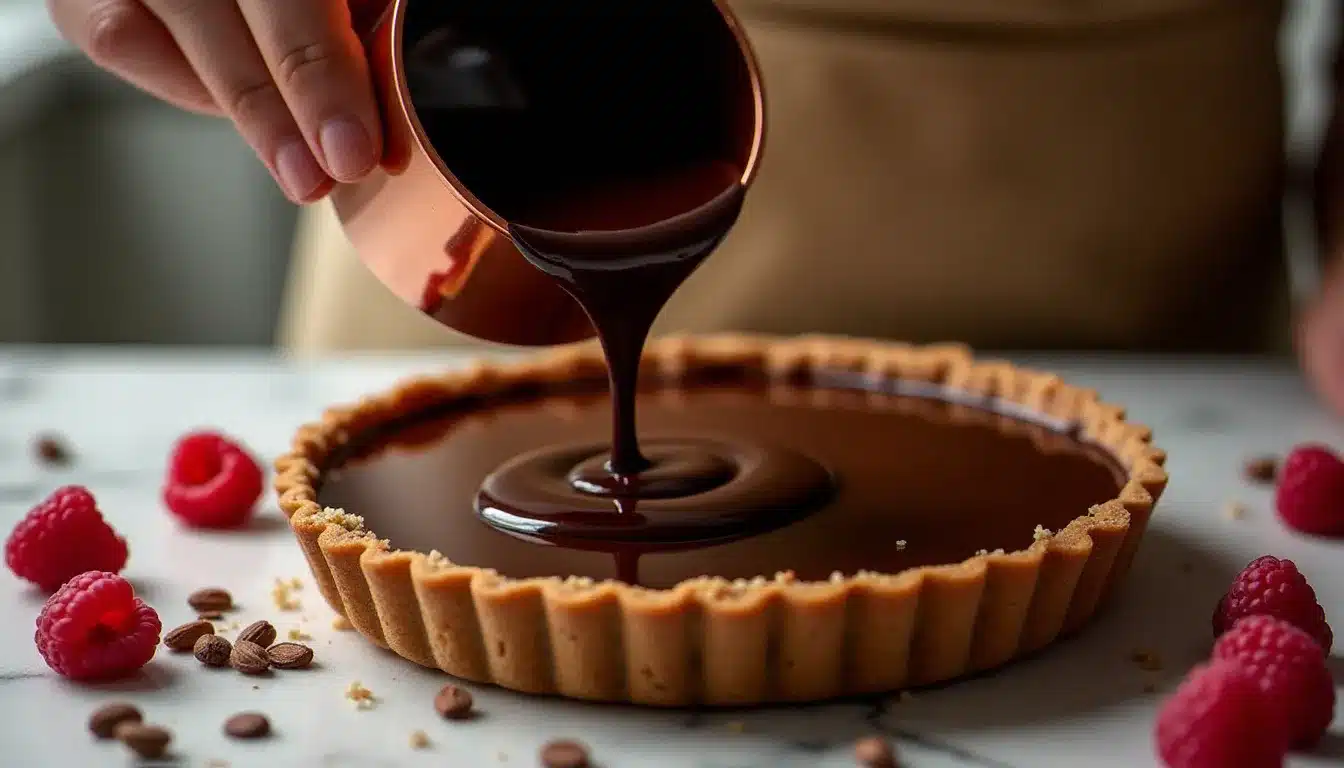Ganache au chocolat noir brillante versée sur une tarte, texture soyeuse et reflets dorés sous la lumière d'une cuisine professionnelle