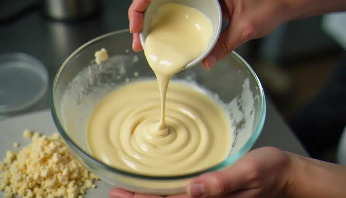 Mains de pâtissier versant de la crème chaude sur du chocolat blanc haché dans un bol en verre, technique de réalisation de la ganache chocolat blanc