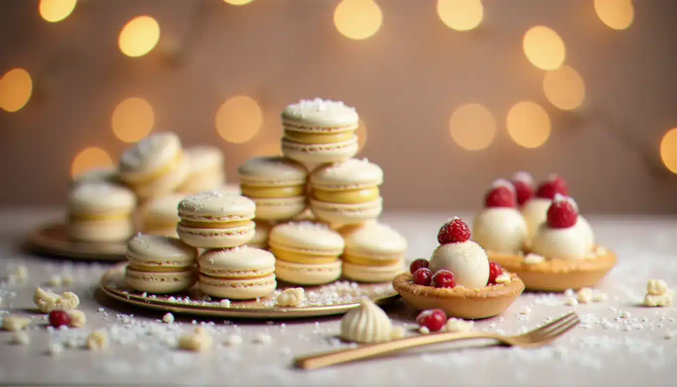Table festive avec macarons garnis de ganache chocolat blanc, truffes blanches et tarte au chocolat blanc et framboises, décoration élégante de fête