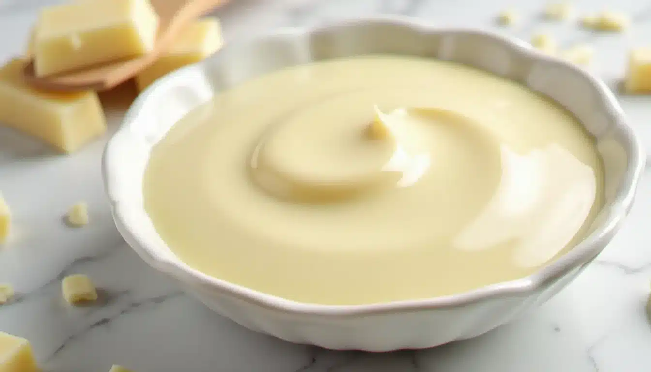 Bol de ganache chocolat blanc lisse et brillante sur marbre blanc, avec des éclats de chocolat blanc de couverture autour