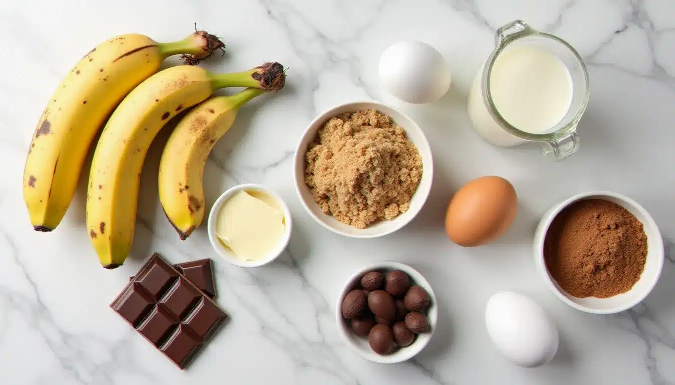 Ingrédients pour un gâteau au banane et chocolat disposés sur un marbre : bananes très mûres, chocolat noir, cacao, beurre, sucre roux et œufs