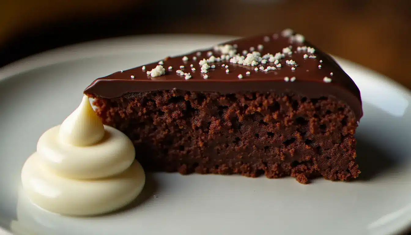 Tranche de gâteau au banane et chocolat sur assiette blanche, révélant une mie fondante et sombre, nappée de ganache et accompagnée d'une quenelle de crème fouettée