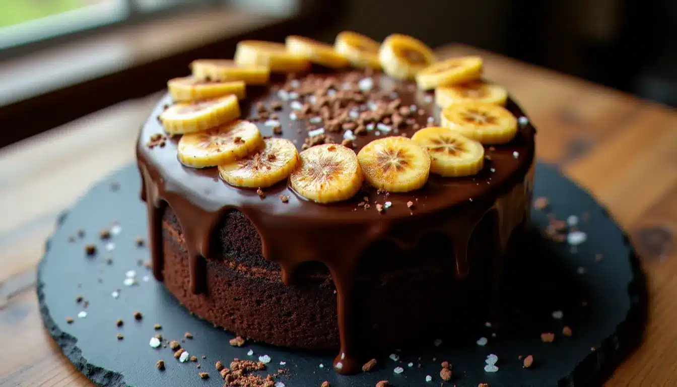 Un gâteau au banane et chocolat entier nappé de ganache brillante et décoré de rondelles de banane caramélisées, posé sur une ardoise sombre