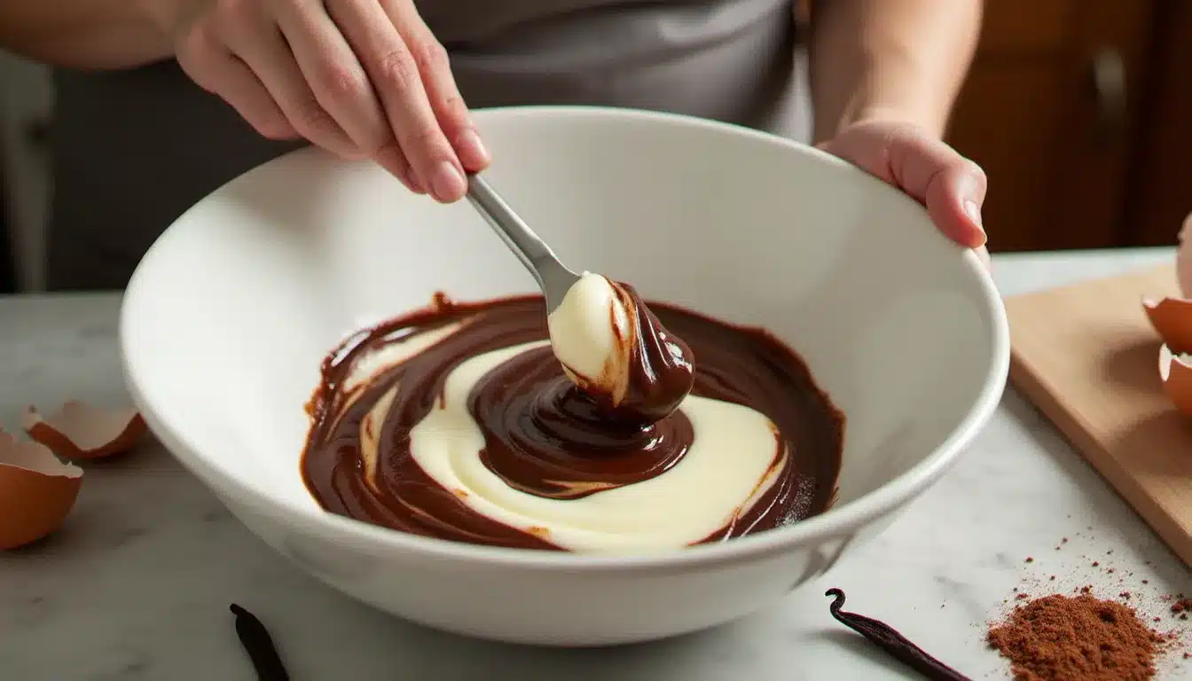 Incorporation délicate des blancs en neige dans la préparation au chocolat et mascarpone, révélant un contraste marbré brun foncé et ivoire dans un grand saladier en céramique blanche.