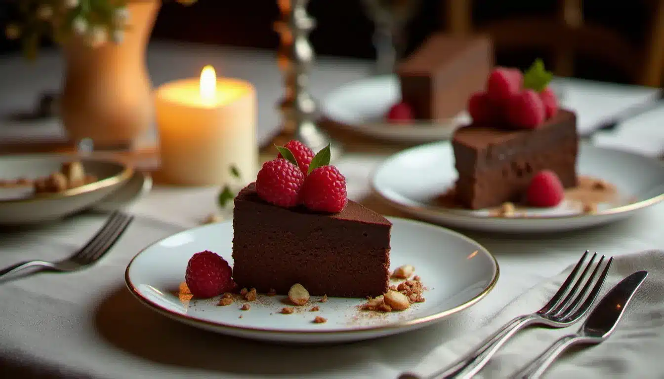 Trois variantes de gâteau au chocolat et mascarpone présentées sur des assiettes en porcelaine blanche, garnies respectivement de framboises fraîches, de pralin doré et de cacao épicé, dans une atmosphère intime éclairée à la bougie.