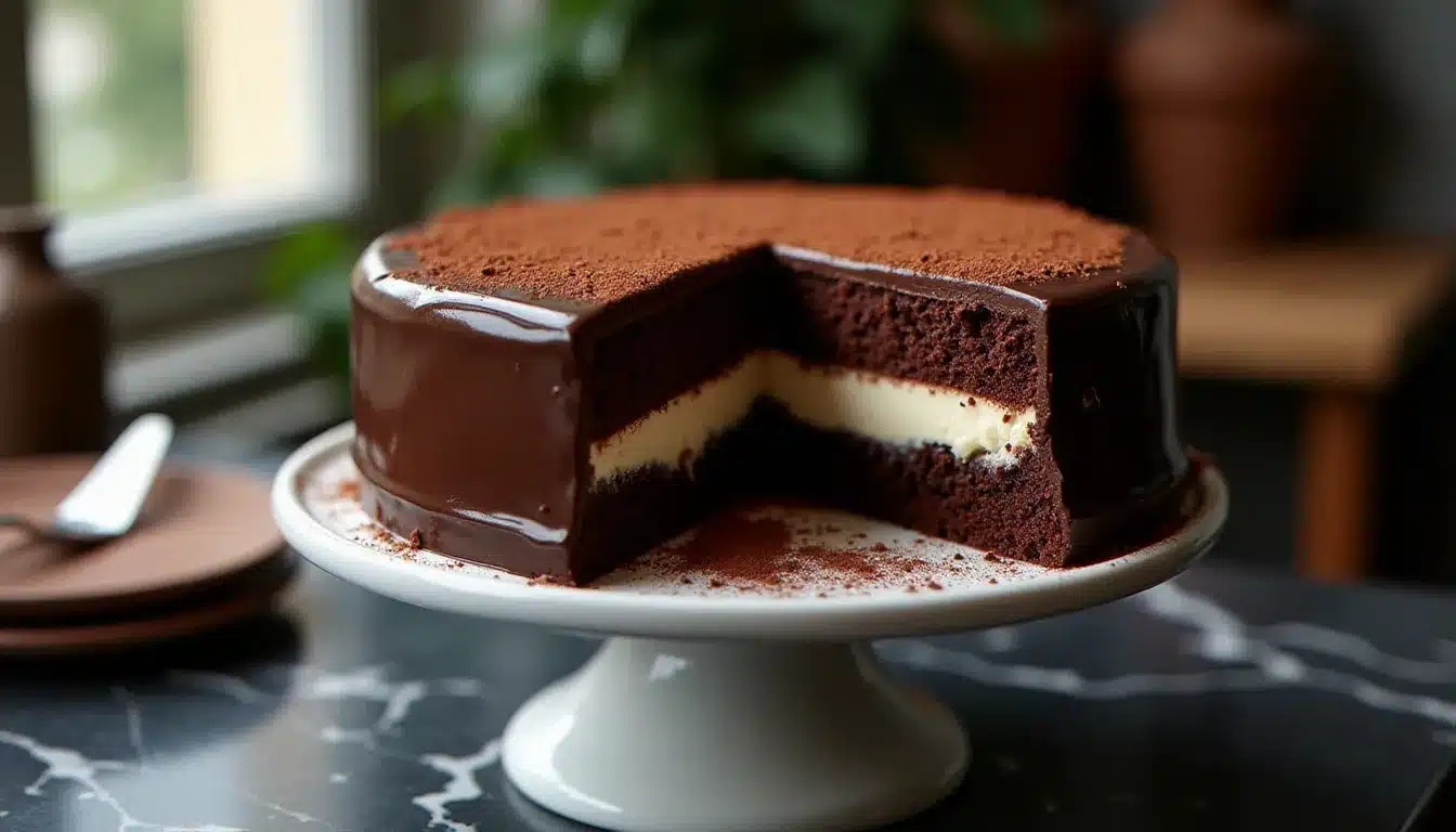 Gâteau au chocolat et mascarpone entier avec glaçage ganache brillant sur un présentoir blanc en céramique, posé sur marbre sombre dans une cuisine parisienne élégante.