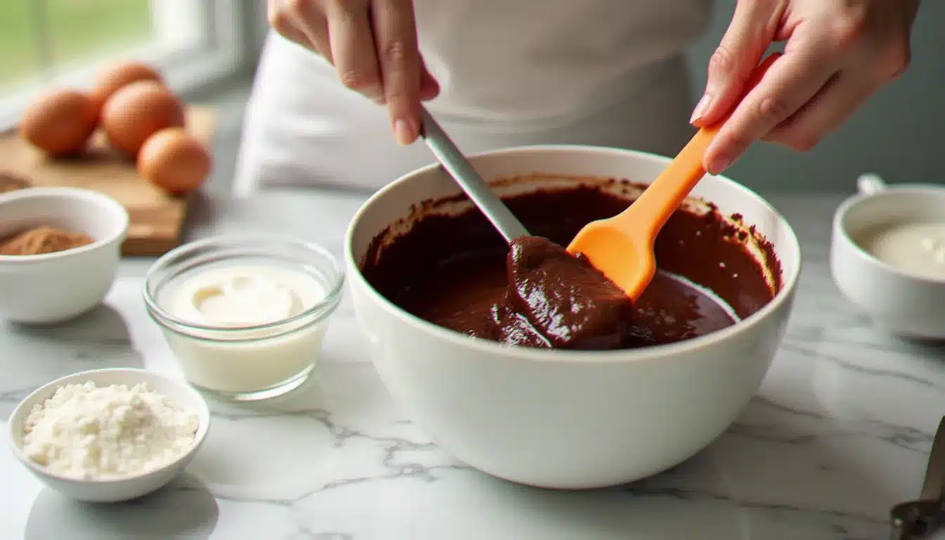 Mains incorporant délicatement de la farine cacaotée dans la pâte à gâteau au yaourt au chocolat dans un saladier blanc, entourées des ingrédients disposés sur un plan de travail en marbre