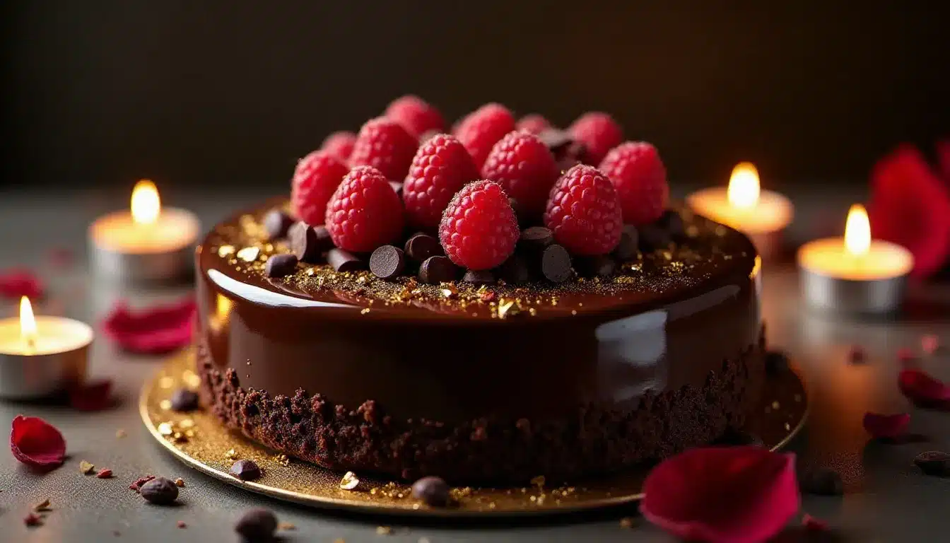 Un gâteau au yaourt au chocolat version festive avec un glaçage miroir, des framboises fraîches en couronne et des éclats de chocolat noir, présenté sur une table de célébration éclairée à la bougie dans une ambiance chaleureuse