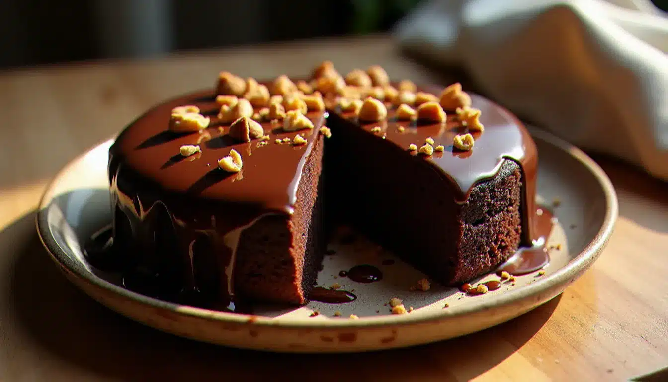 Un gâteau au yaourt au chocolat entier nappé d'une ganache brillante et parsemé de noisettes concassées, posé sur une assiette en céramique rustique, dont une tranche révèle une mie sombre et moelleuse