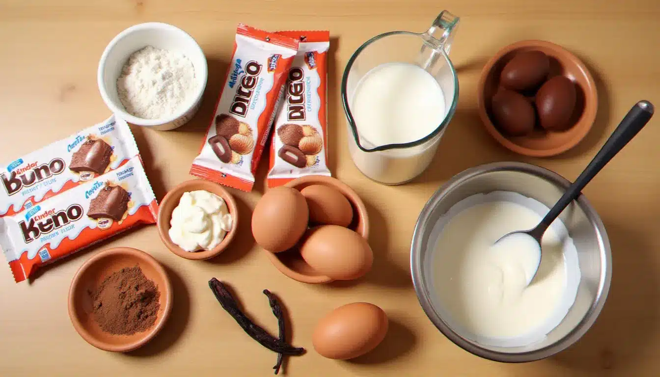Ingrédients disposés en vue de dessus sur une table en chêne clair pour préparer un gateau kinder : barres Kinder Bueno, œufs frais, farine, mascarpone, crème entière et cacao en poudre