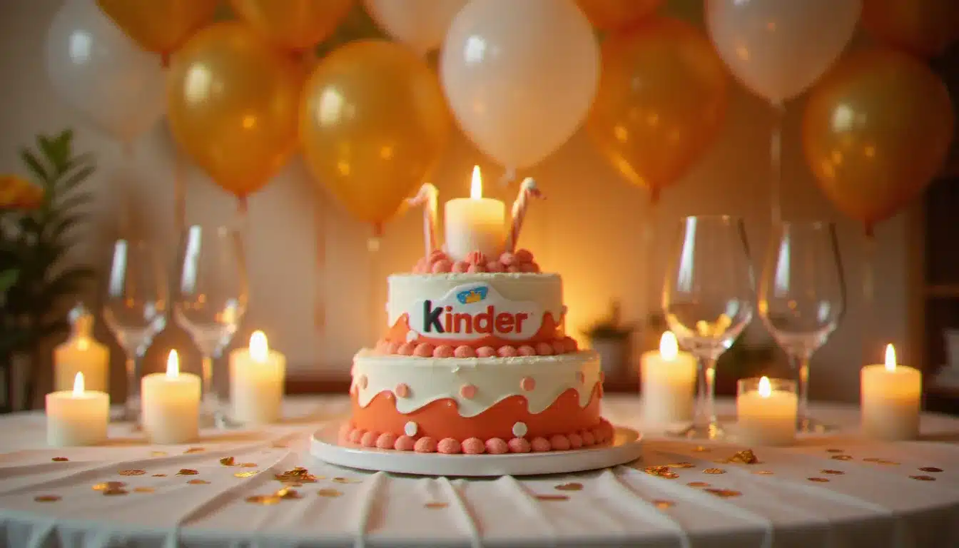 Table de fête élégante avec un gateau kinder décoré en pièce maîtresse, entouré de ballons dorés et de bougies scintillantes lors d'un anniversaire festif et chaleureux