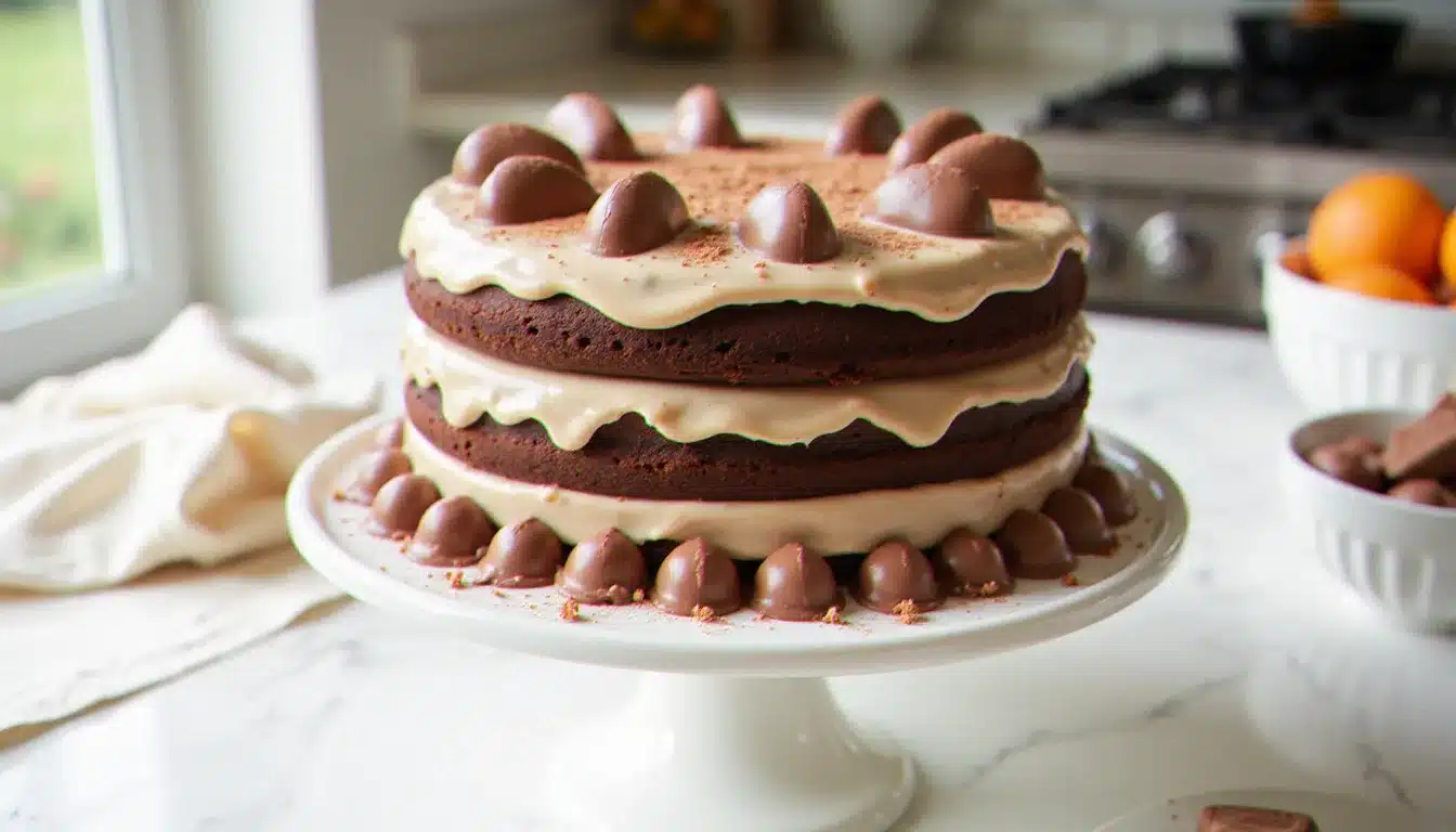 Gâteau Kinder maison à trois étages recouvert de ganache au chocolat au lait, décoré de barres Kinder Bueno disposées en quadrillage élégant sur un présentoir en céramique blanche