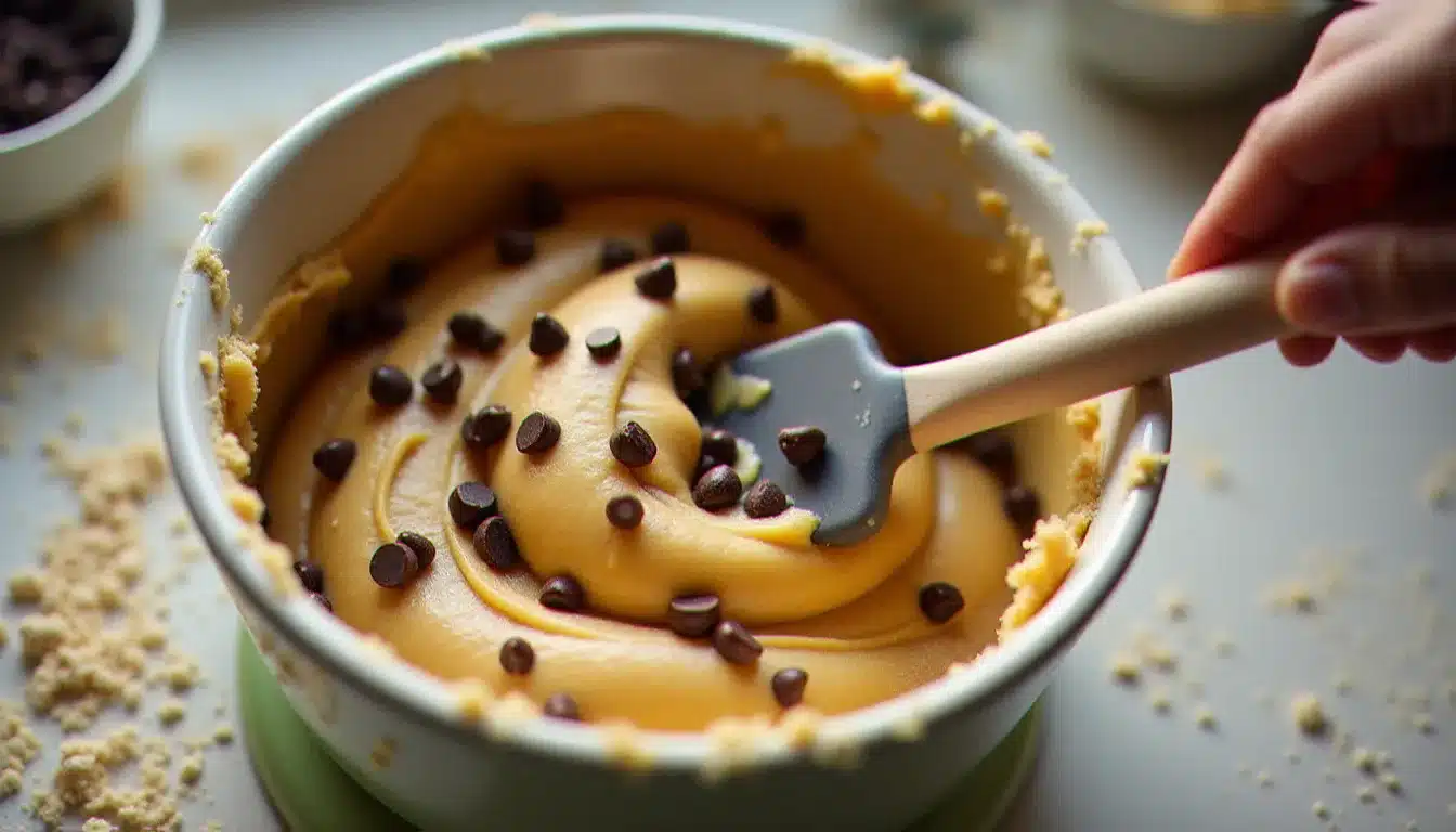 Pâte à gâteau pépite de chocolat dans un saladier avec des pépites de chocolat noir incorporées à la spatule, lumière du matin sur plan de travail fariné