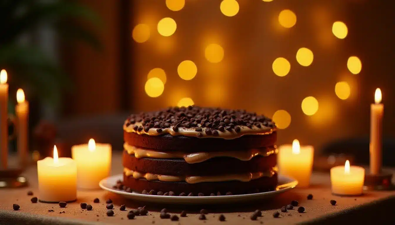 Gâteau pépite de chocolat en version layer cake festif avec glaçage ganache et pépites dorées, bougies allumées autour dans une ambiance de fête chaleureuse