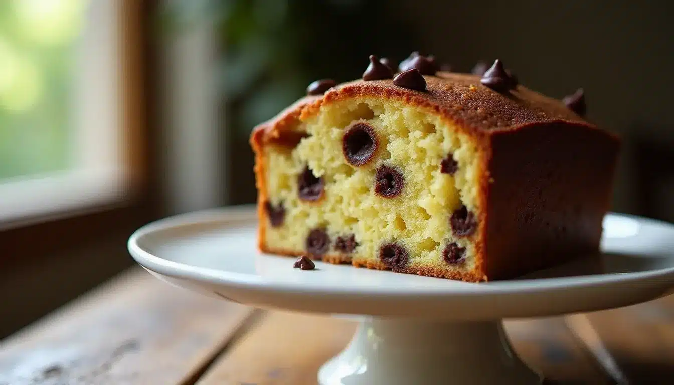 Tranche de gâteau pépite de chocolat dorée sur un présentoir blanc, révélant des éclats de chocolat fondants dans la mie, lumière naturelle douce