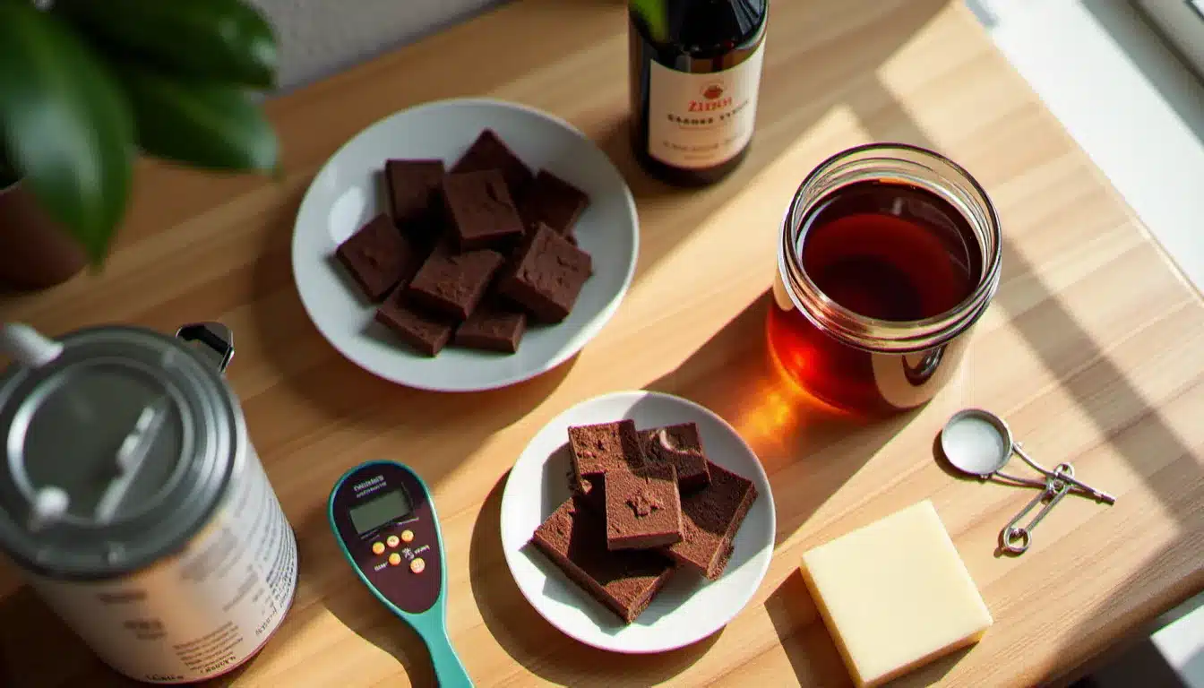 Ingrédients pour glaçage chocolat disposés sur un plan de travail en bois : chocolat noir haché, glucose, lait concentré et gélatine