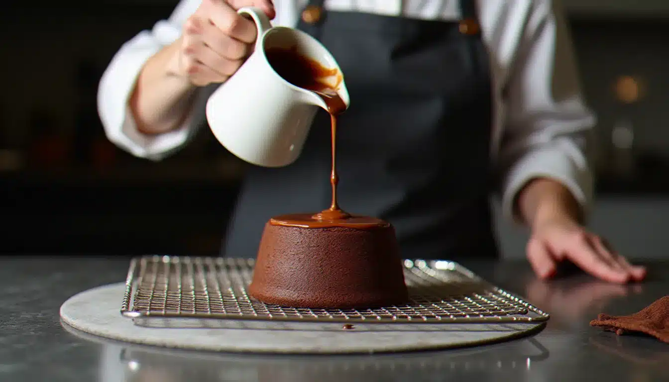 Chef versant un glaçage chocolat brillant sur un entremets congelé posé sur grille, coulées régulières sur les côtés du gâteau