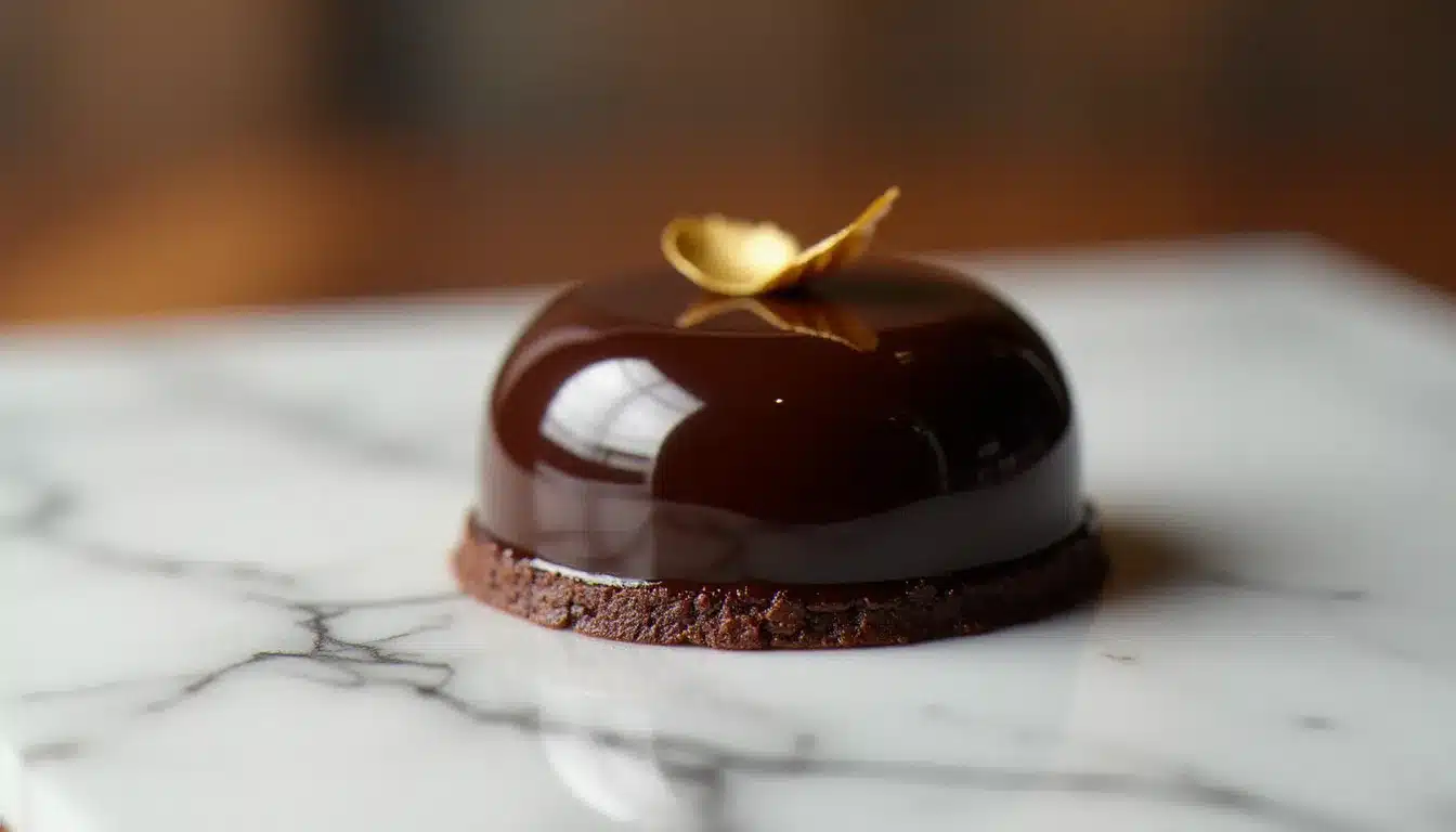 Entremets recouvert d'un glaçage chocolat miroir brillant posé sur marbre blanc, reflet lumineux sur la surface laquée