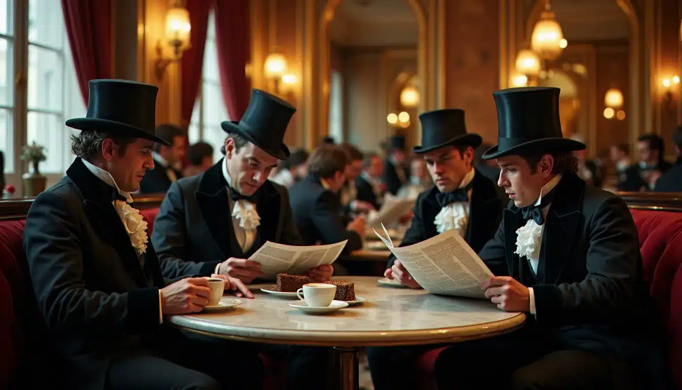 Des bourgeois parisiens de 1848 lisent des journaux en débattant dans un café historique de l'époque, avec des tasses de chocolat chaud sur les tables en marbre