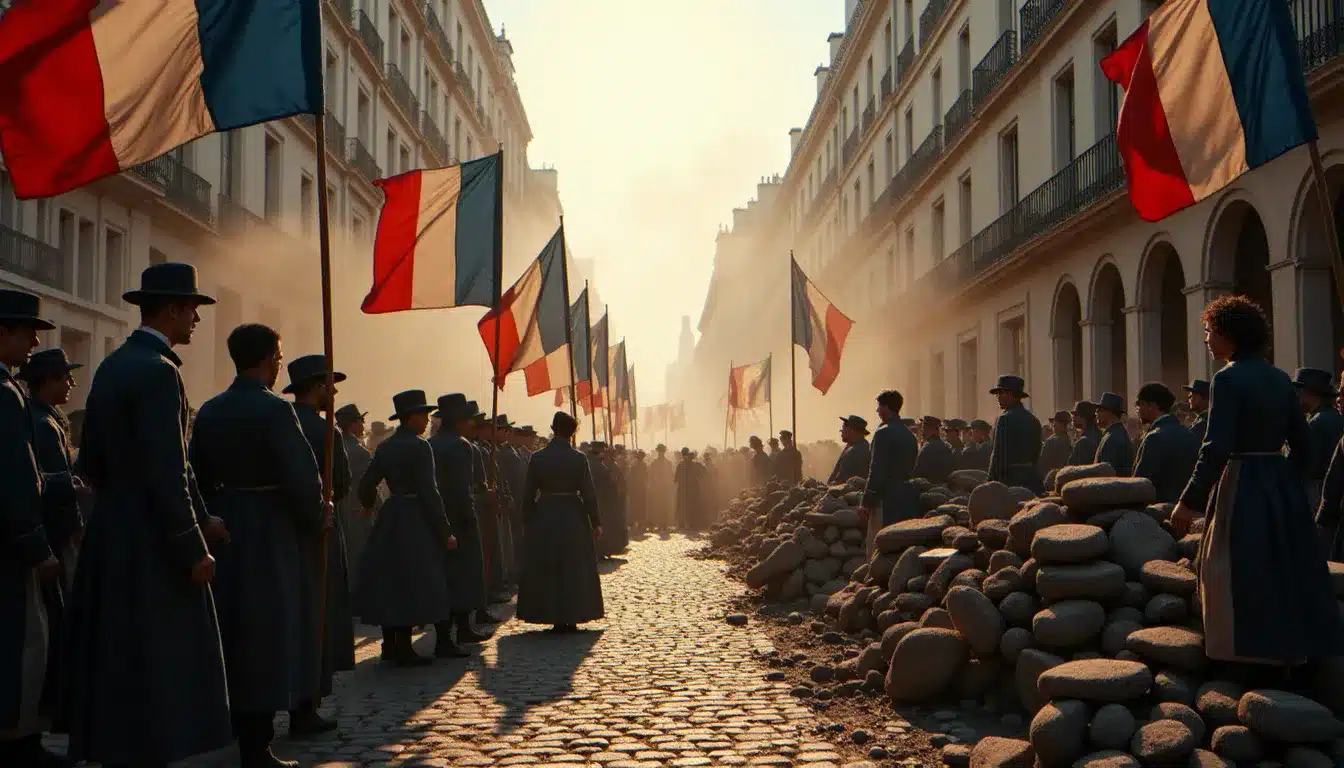 Une barricade parisienne de juin 1848, symbole du contexte révolutionnaire dans lequel est né L'Événement, le journal français fondé quelques semaines plus tard