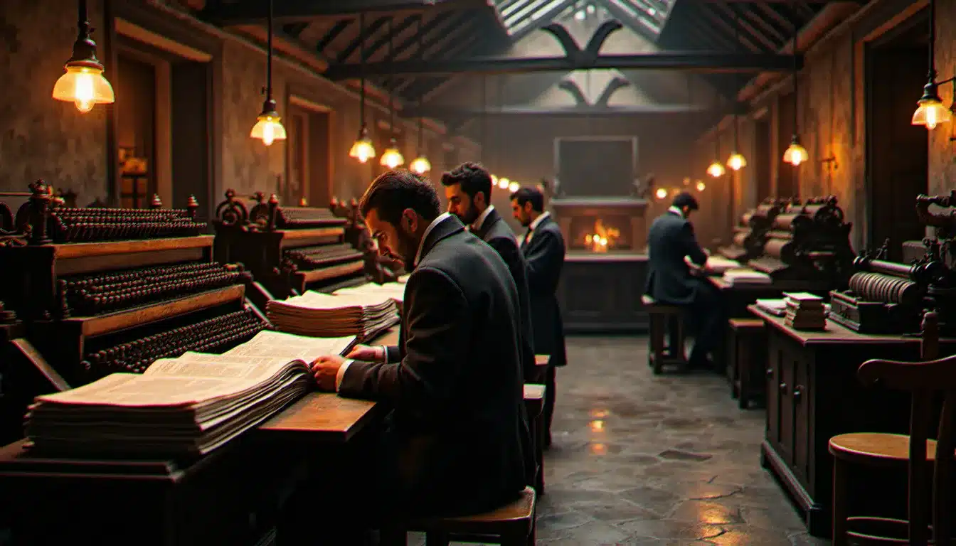 Un atelier d'imprimerie parisien de 1848 avec des ouvriers typographes composant les pages de L'Événement, le journal français de 1848, à la lueur du gaz