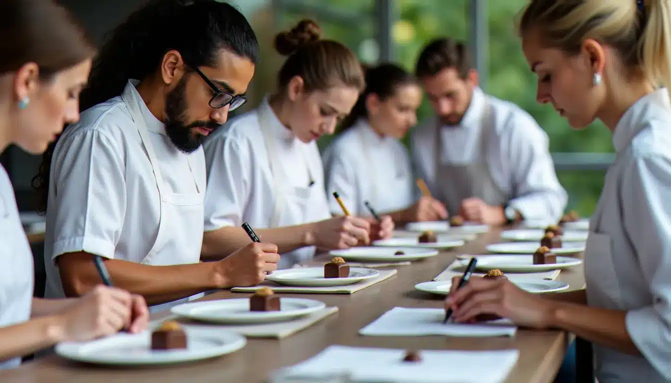 Jury de chocolatiers experts en tabliers blancs évaluant des échantillons lors d'une dégustation à l'aveugle pour sélectionner les artisans du meilleur événement winner.