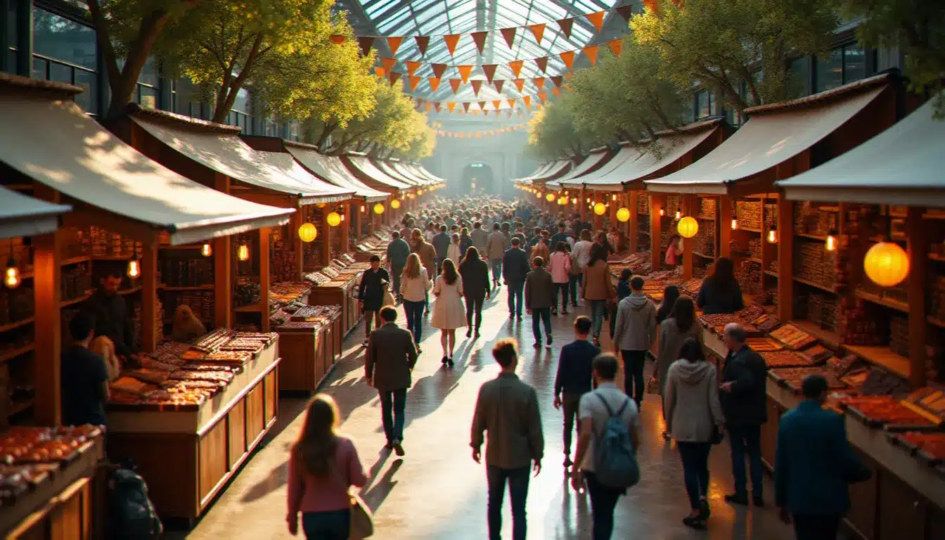 Vue aérienne d'une foule festive et nombreuse visitant les allées du meilleur événement winner chocolat, avec des familles découvrant les stands d'artisans chocolatiers sous une lumière chaleureuse.