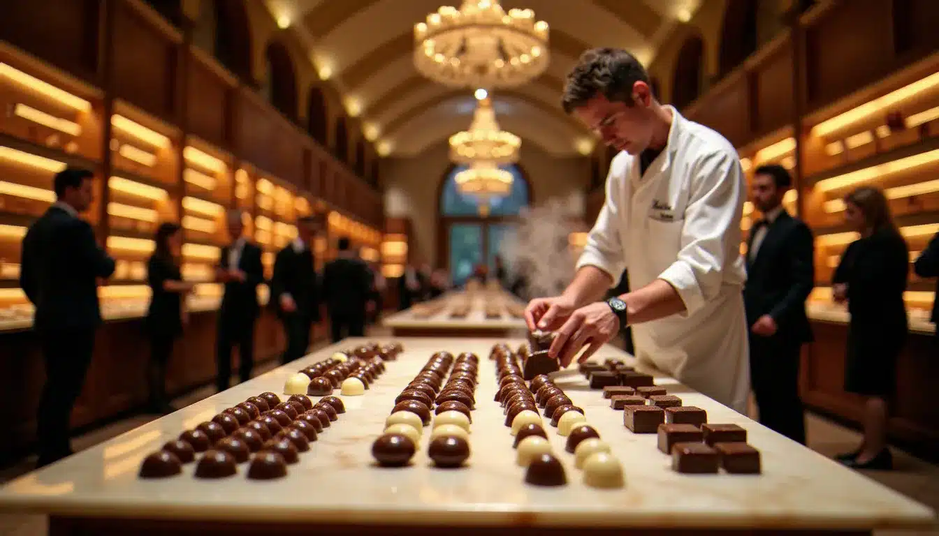 Vue panoramique d'un salon du meilleur événement winner consacré au chocolat artisanal, avec des stands élégants et des visiteurs en train de déguster des créations de chocolatiers.