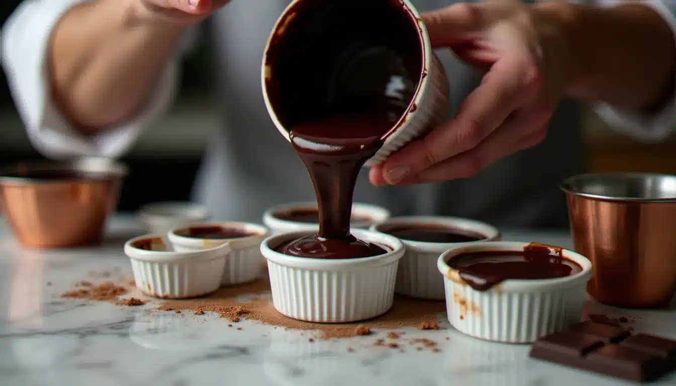 Mains d'un chef versant la pâte à mi cuit chocolat dans des ramequins individuels, avec un cœur de ganache congelé visible au centre