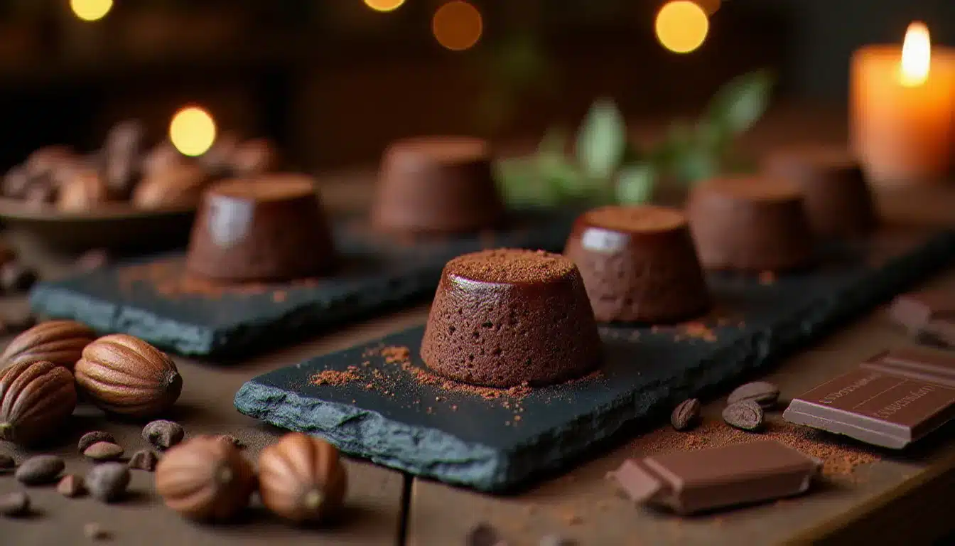 Table de dégustation lors d'un événement chocolaté avec plusieurs mi cuit chocolat sur ardoise, cabosses de cacao et tablettes d'origine disposées autour