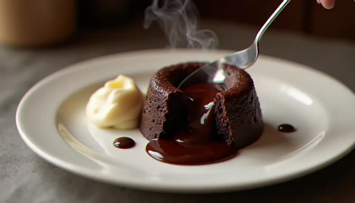 Un mi cuit chocolat servi sur assiette blanche, cœur coulant visible après découpe à la cuillère, accompagné d'une quenelle de crème vanille