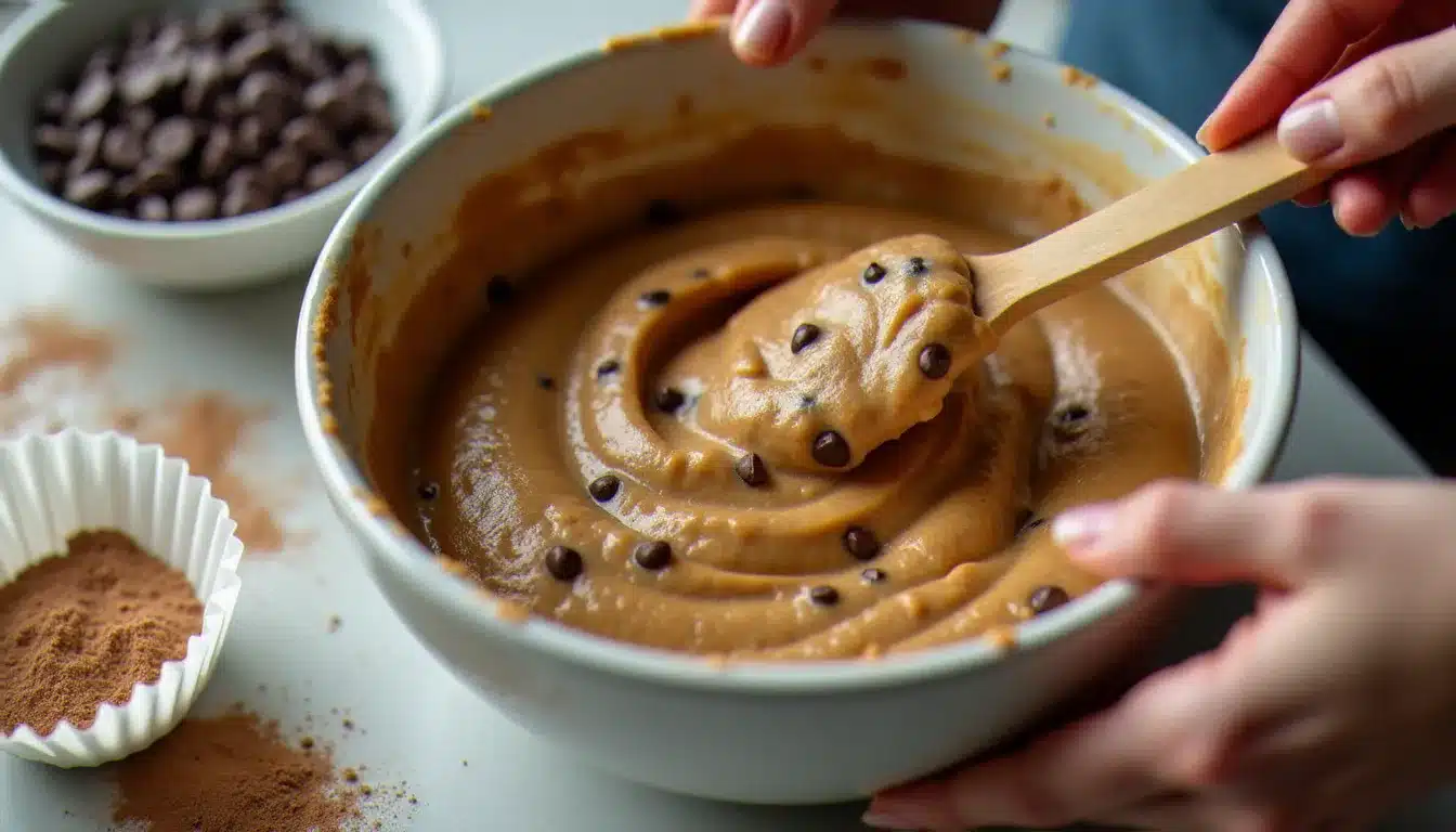 Mélange de pâte à muffins banane chocolat dans un bol en céramique blanc, avec des morceaux de banane écrasée et des pépites de chocolat noir visibles dans la préparation