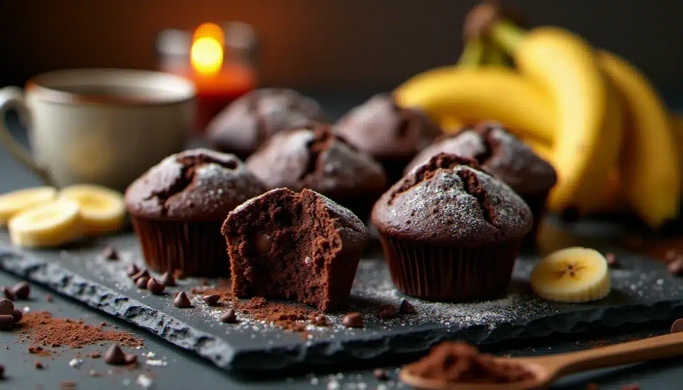 Présentation festive de muffins banane chocolat saupoudrés de sucre glace sur une ardoise, avec un muffin ouvert révélant sa mie fondante aux pépites de chocolat et des tranches de banane fraîche en décoration