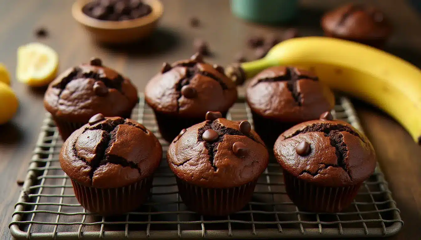 Six muffins banane chocolat fraîchement sortis du four posés sur une grille de refroidissement en métal, avec des pépites de chocolat fondantes sur le dessus et une lumière naturelle dorée