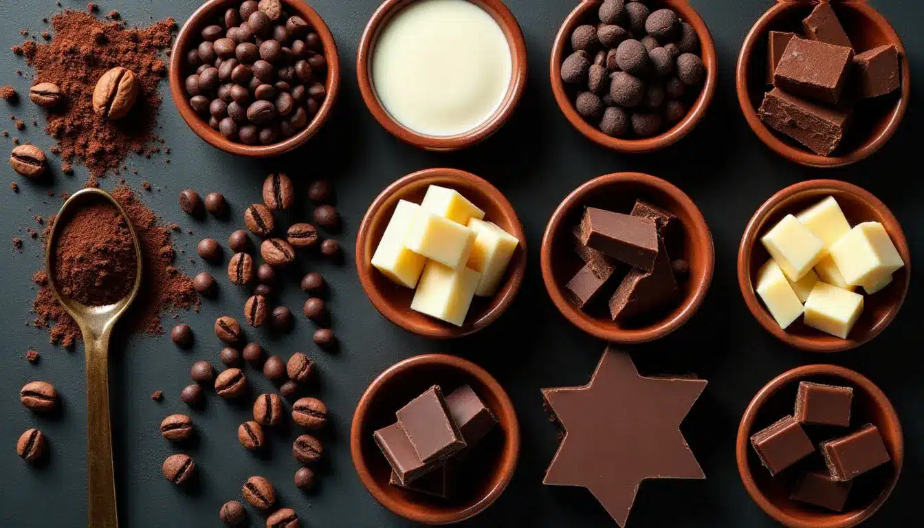 Assortiment de pépites de chocolat noir, au lait, blanc et de chunks disposés dans des bols en céramique sur une ardoise sombre, avec des fèves de cacao