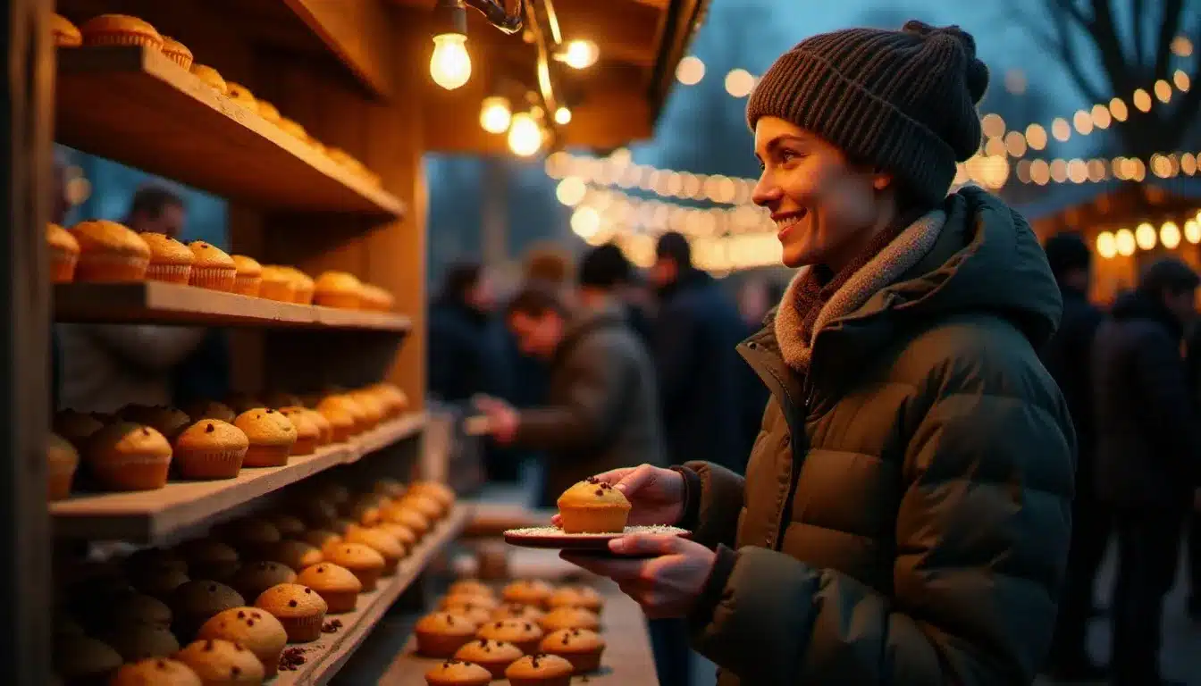 Stand de marché gourmand festif en soirée avec des guirlandes lumineuses, un artisan présentant un muffin pépite chocolat à un client devant un étal en bois garni de pâtisseries