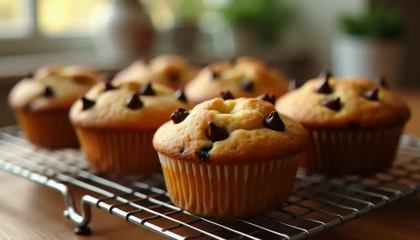 Six muffins pépite chocolat fraîchement cuits posés sur une grille, avec leurs dômes dorés craquelés et des pépites de chocolat fondantes en surface