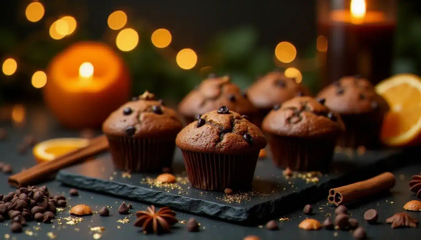 Présentation festive de muffins au pépite chocolat sur une ardoise noire entourée de tranches d'orange séchée, de bâtons de cannelle et de décorations dorées pour une occasion spéciale hivernale