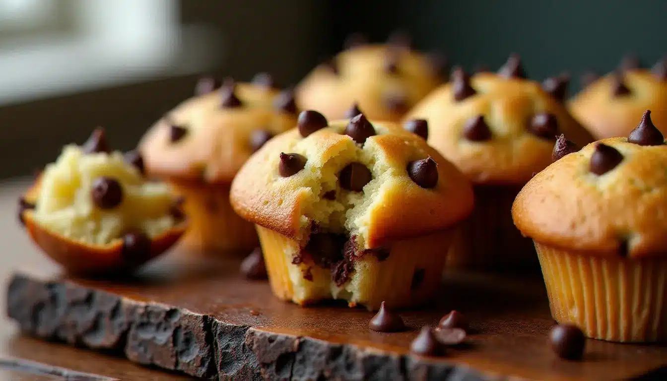 Muffins au pépite chocolat fraîchement sortis du four disposés sur une planche en bois sombre, avec des pépites de chocolat brillantes incrustées dans leur dôme doré et un muffin ouvert révélant l'intérieur moelleux