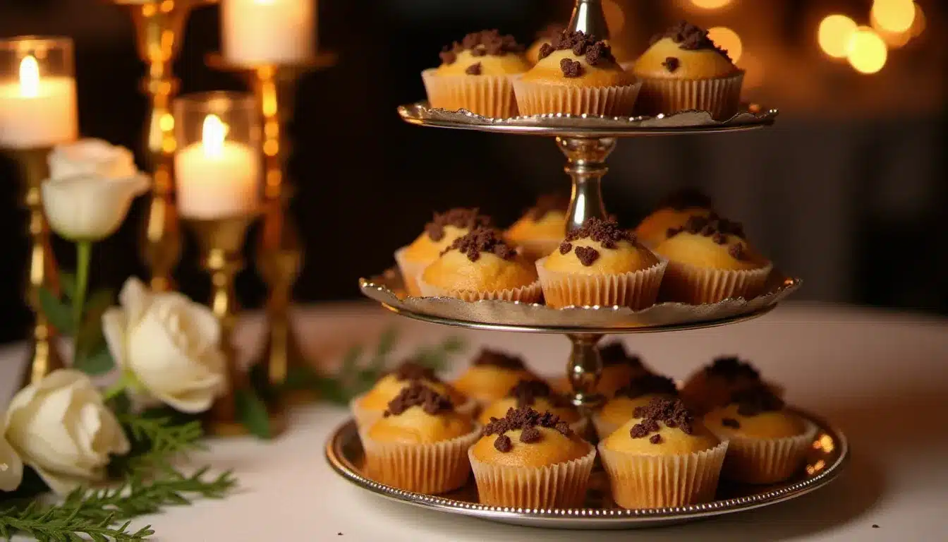 Présentoir à étages argenté garni de muffins aux pépites de chocolat décorés pour un buffet festif élégant, avec des bougies et des fleurs blanches en arrière-plan flou