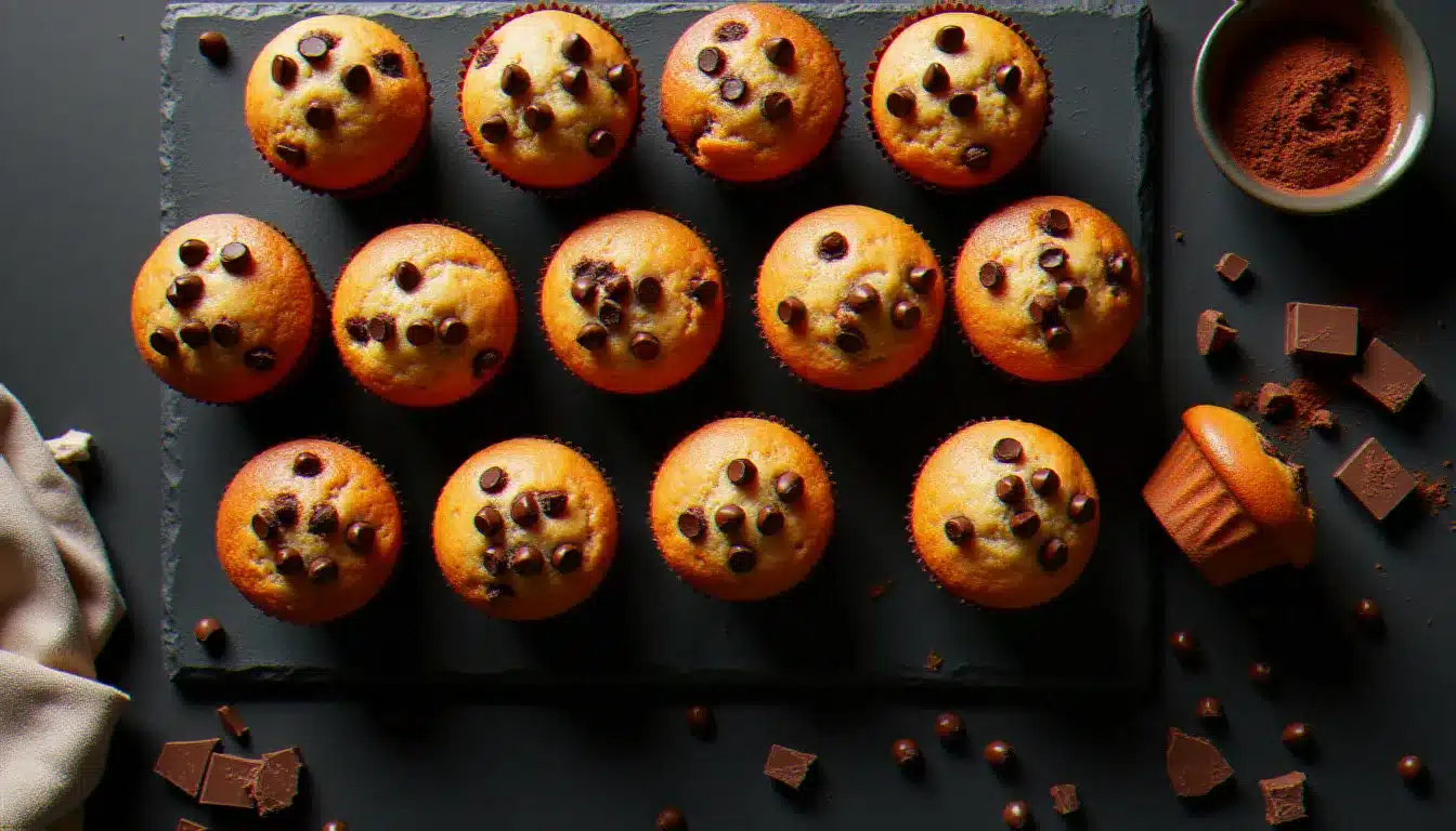 Vue de dessus de muffins aux pépites de chocolat dorés et moelleux disposés sur une ardoise sombre, entourés de pépites brillantes et d'éclats de chocolat noir