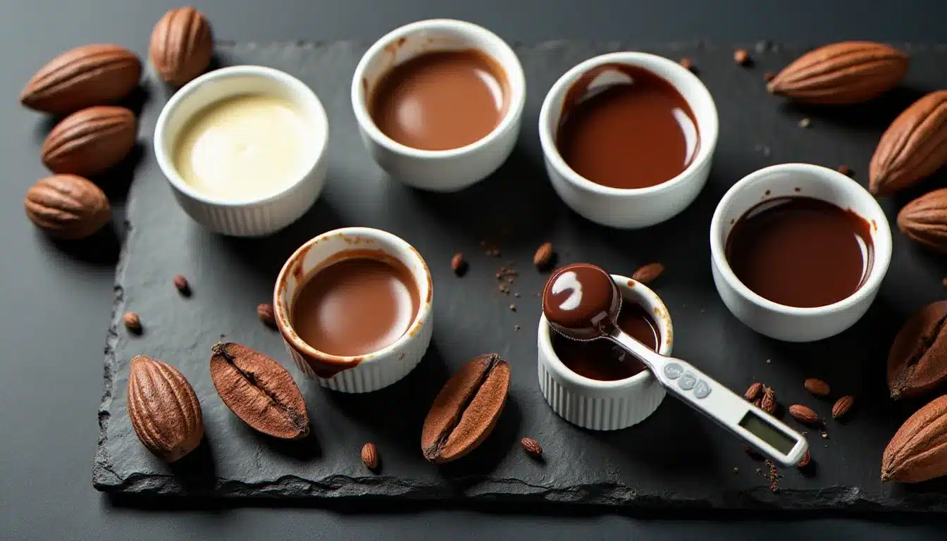 Vue du dessus de différents types de nappage chocolat dans des bols en céramique blanche sur ardoise, du blanc au noir intense